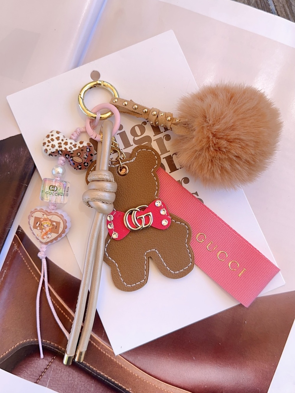 Unbranded Handmade Bear Bag Charm & Pom Valentine’s Exclusive GG Ribbon